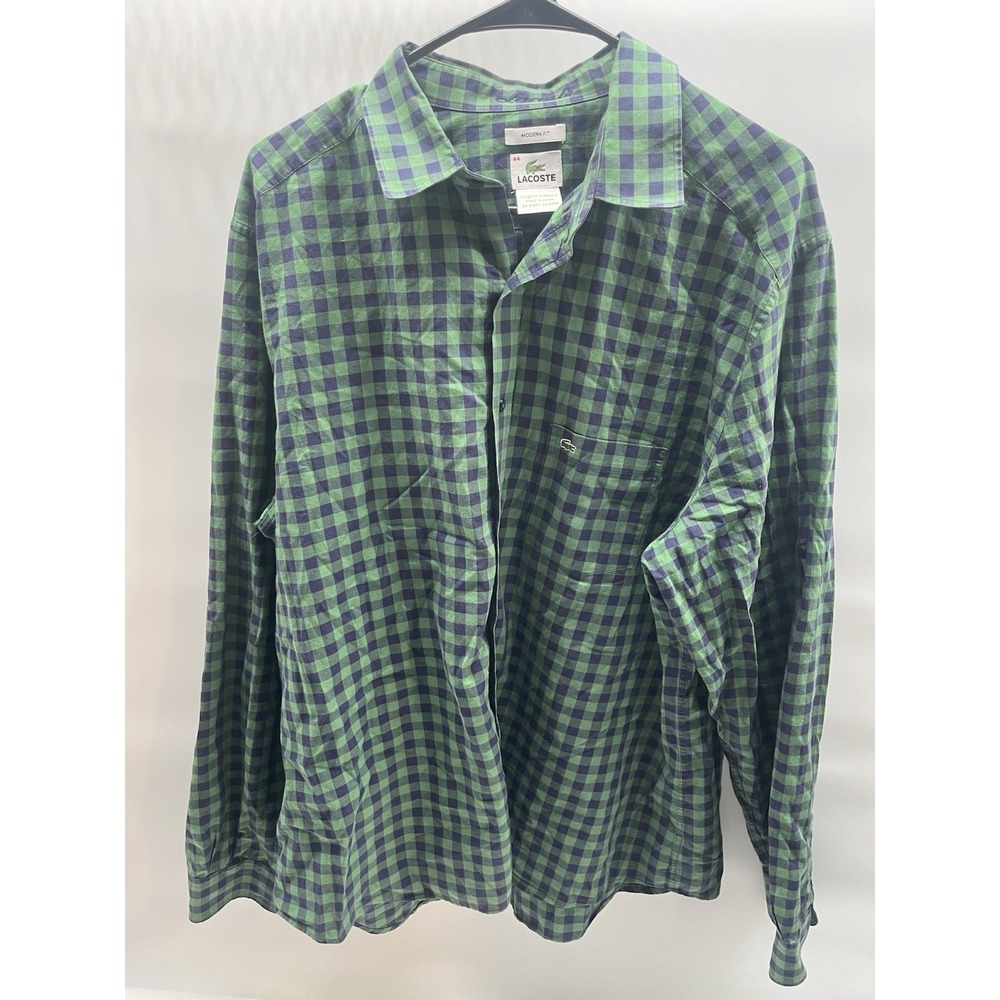 Lacoste Mens 44 Large Modern Fit Green & Navy Gingham Plaid Button Up
